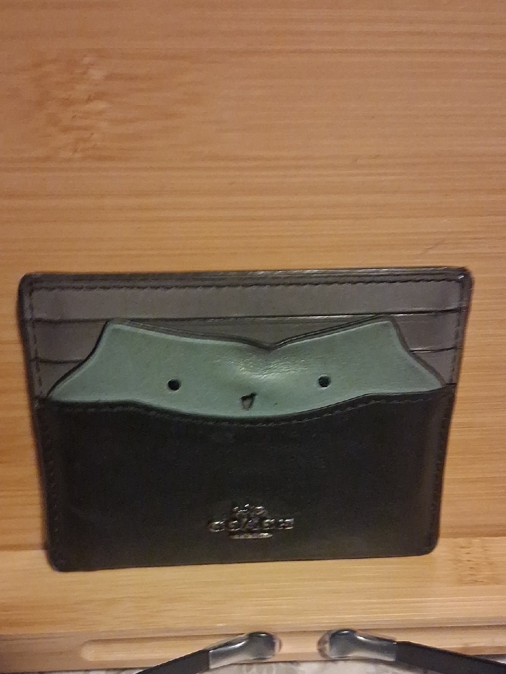 Coach Black Leather Card Holder with Gray Accent